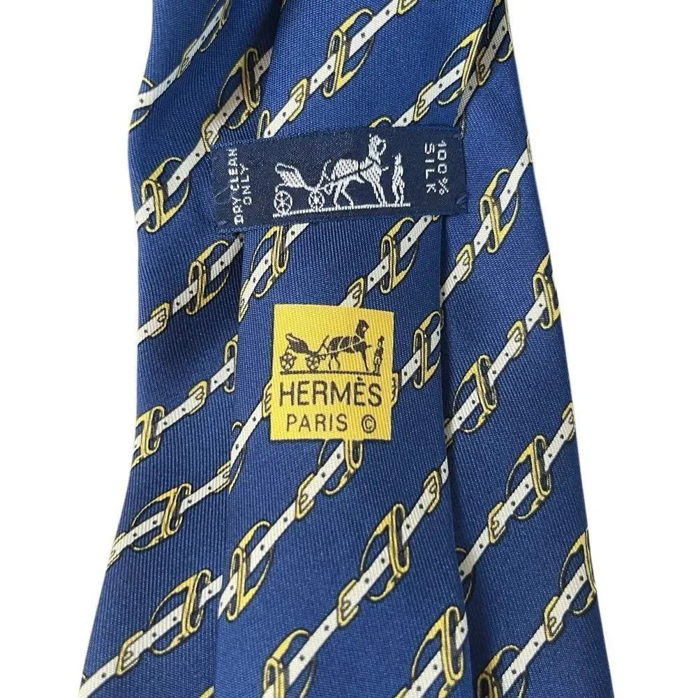 Hermes Men's Tie Equestrian Horsebit Bridle Navy Silk 952 IA 3.5